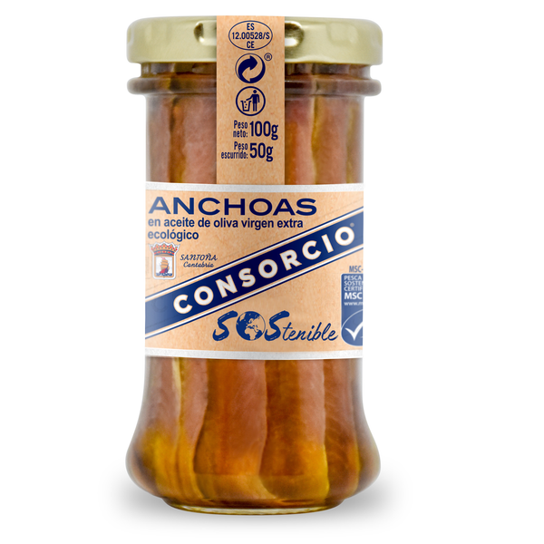 Anchois MSC dans de l'huile d'olive extra vierge biologique en pot de 100g