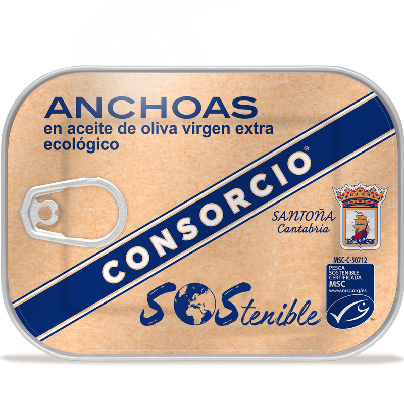Anchois MSC dans de l'huile d'olive extra vierge biologique en boîte de 74g