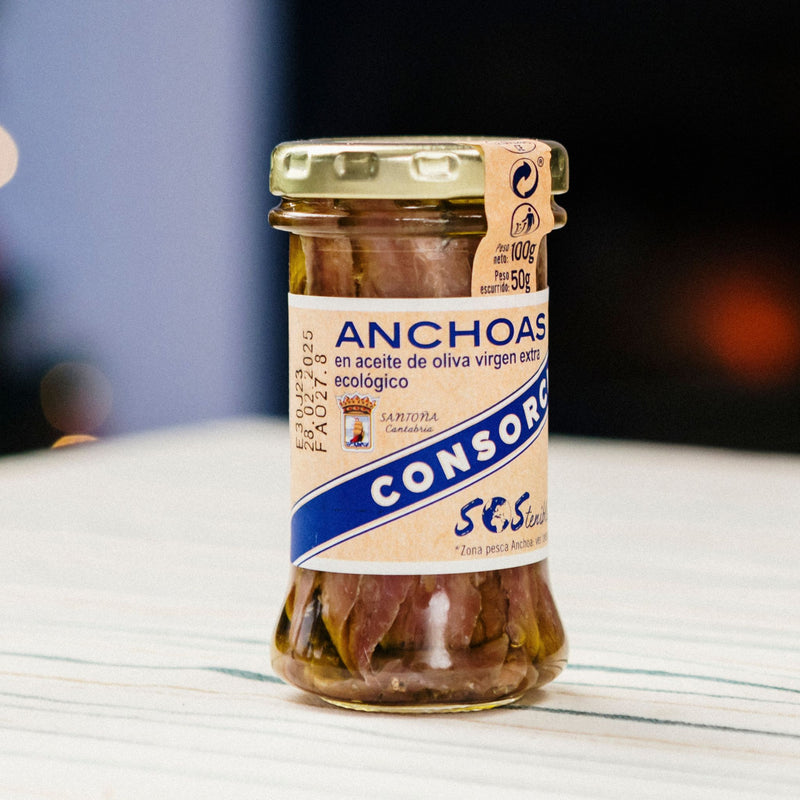 Anchois MSC dans de l'huile d'olive extra vierge biologique en pot de 100g